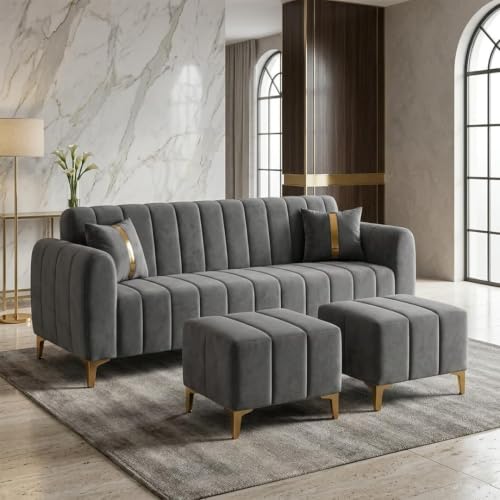 Image of FURNY Harmony 5 Seater L Shape Sofa Set with 2 Movable Ottoman & Golden Legs | Flexible Left or Right Layout | Plush Velvet Fabric (Dark Grey) | Perfect for Living Room, Guest Room, Office