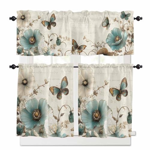 Epetloutys Teal Tulips Kitchen Curtains Set, Botanical Garden Floral Tier