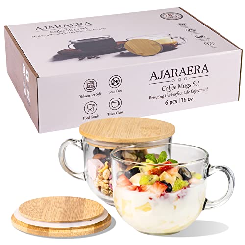 Ajaraera Espresso Cups Set Of 6-Overnight Oats Containers With Lids,Clear Coffee Mug With Lid 14Oz, Glass Tea Cup Set,Perfect Glass Mugs For Daily Beverage! #TOP25