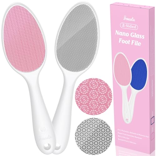 yomanta Foot File, Nano Glass Foot File Callus Remover with Handle, 2-in-1 Foot Scrubber Dead Skin Remover, Gentle Exfoliation Foot Buffer Pedicure Tools for Feet-Pink