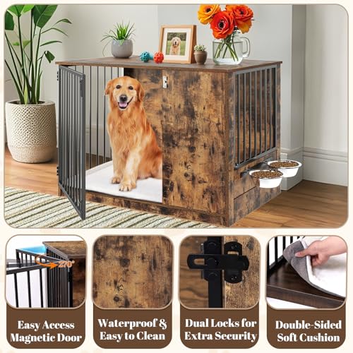 Dog Crate Furniture with Cushion for Large Dogs, 36" Indoor Wooden Dog Kennel with 270° Swivel Door, 360° Rotating Feeder, Decorative Heavy Duty Dog House with Double Locks & Bowls, Rustic Brown - Image 4