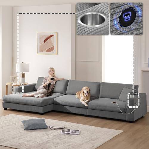 Modern Oversized Corduroy Sectional Sofa with USB Charging Port,Cup Holder,