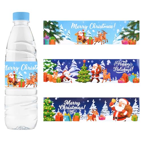 URROMA 48Pcs Merry Christmas Water Bottle Labels 3 Designs Christmas Water Bottle Stickers Drinks Wrappers for Christmas Party Favors Decor Supplies
