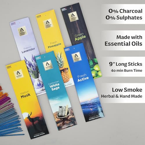 Image of The Aroma Factory Premium Incense Sticks for Pooja | Set of 6 Fragrances Gift Pack (Lavender, Musk, White Sage, Fresh, GreenApple, Pineapple) 120 Agarbatti (6 x 20 Sticks Each)
