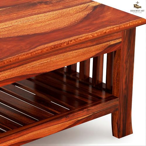 Image of Solid Sheesham Wood Coffee Table for Living Room | Wooden Rectangle Coffee /Tea Table with Storage |Center Table with Storage Teapoye for Home, Living Room, Balcony (Honey Finish)