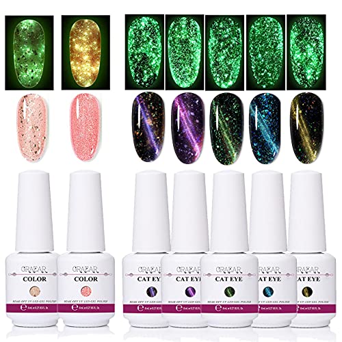 KWOLYKIM 7 Colors Cat Eye Gel Nail Polish And Glitter Gel Nail Polish Glow in The Dark, Gel Nail Polish Set with Magnet UV LED Nail Polish Home DIY Manicure Nail Salon Varnish
