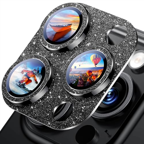 Image of Uyiton Compatible with iPhone 16 Pro /iPhone 16 Pro Max Camera Lens Protector - [Not Easy to Break][Strong Adsorption][Case-Friendly] Metal Tempered Glass Rear Camera Screen Cover - Glitter Black