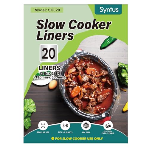 Syntus Slow Cooker Liners, 20 Count Cooking Bags Large Size Disposable Pot Liners Plastic Bags, Fit 3QT to 8QT for Slow Cooker Cooking Trays, 13