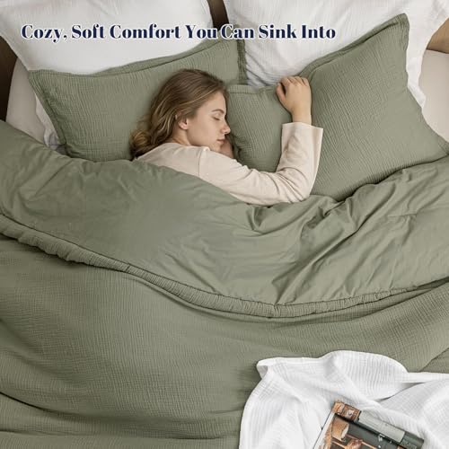 Image of PHF Cotton Muslin Comforter Set King - 100% Cotton Cover, Ultra Soft & Breathable, 3PCS Lightweight All-Season Bedding with Polyester Fill, 1 Comforter 104 inchx90 inch & 2 Pillow Shams 20 inchx36 inch, Dusty Sage