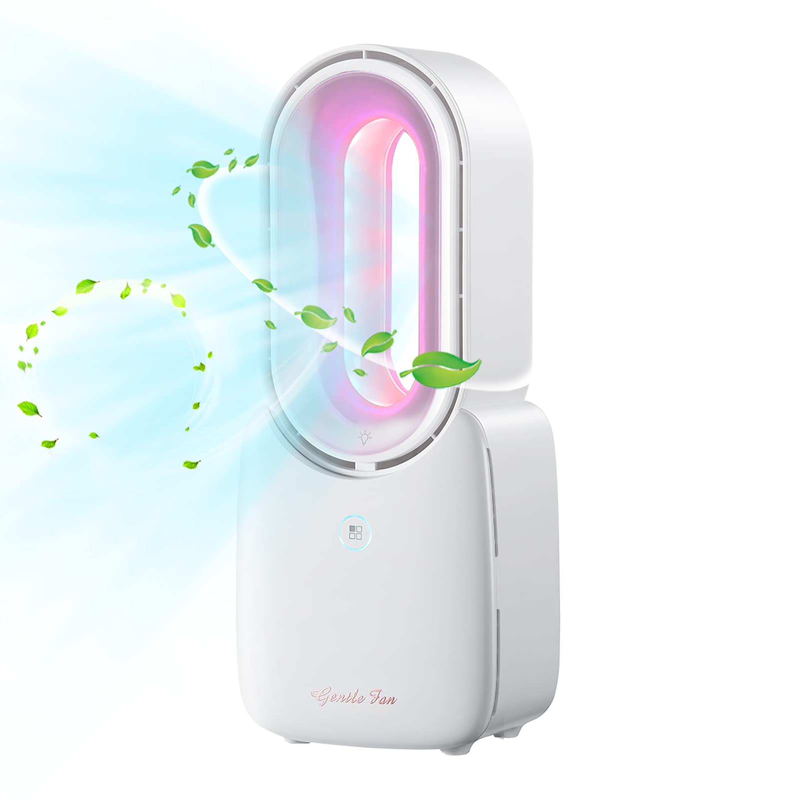 Misby Desk Fan, Portable Bladeless Fan 11.8 inch Personal Cooling Fan with 4 Speeds, Leafless 5 Colors LED Lights Touch Control Small Quiet Table Fans For Home, Bedroom, Office(White)