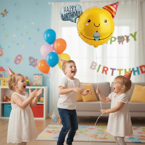 Image of Happy Birthday Balloon, Birthday Decorations for Kids, 30 Inch Foil Balloon Party Supplies with Ribbon, Photo Backdrop, Yellow Smiley Face Design, 1 Pack