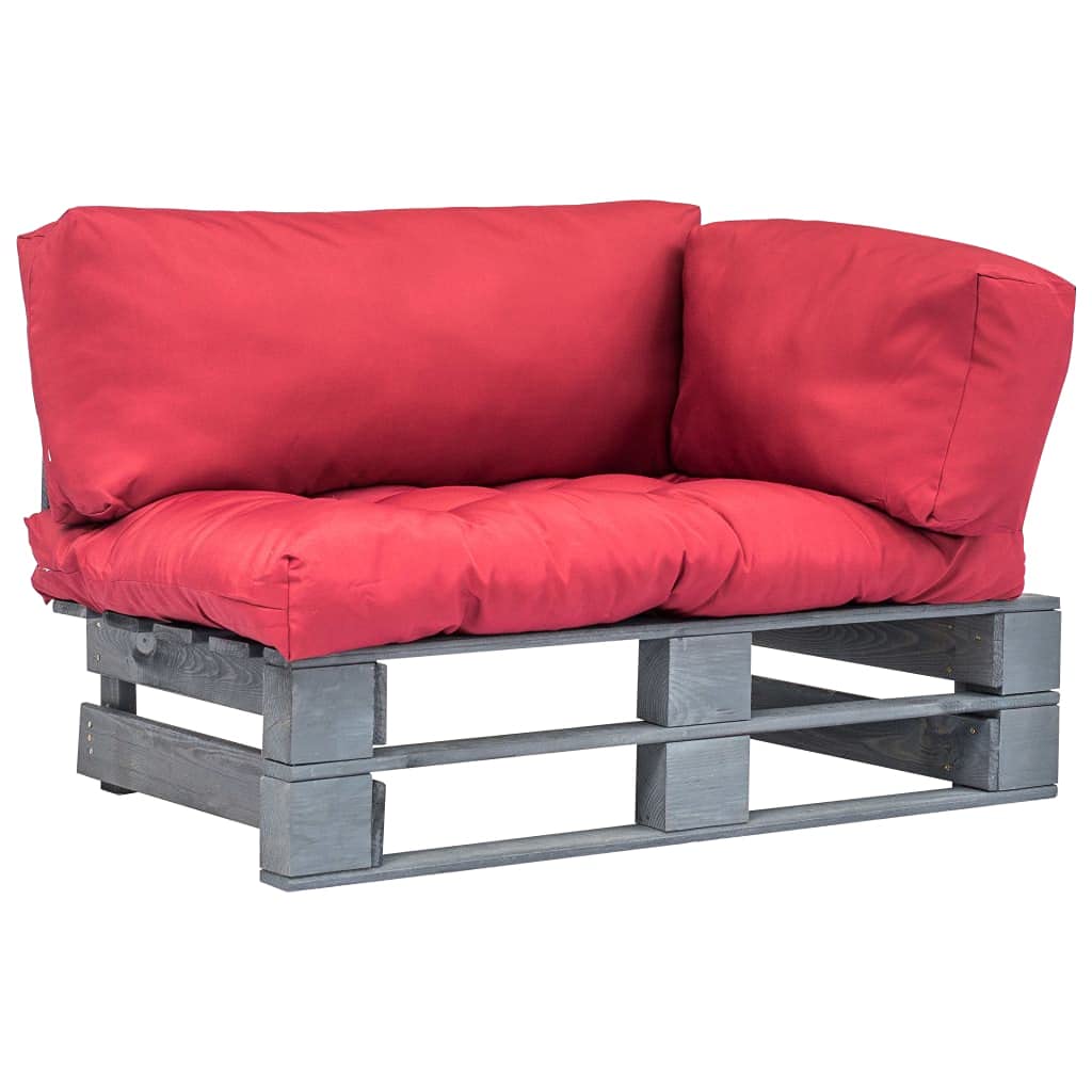 Ogrodowa sofa z palet z czerwonymi poduszkami sosna 110x66x65 cm drewniana kanapa ogrodowa na patio taras balkon impregnowana łatwy montaż