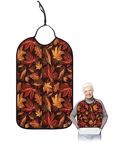 LEOKOTI Thanksgiving Adult Bibs for Eating, Waterproof Bibs with Food Catcher & Adjustable Snap Closure, Rustic Autumn Fallen Leaves Washable Clothing Protectors Adult Bibs for Elderly Women/Men