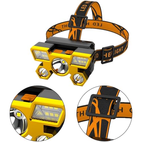 Lanterna de Cabeça LED, 5 LEDs, Recarregável USB, 4 Modos de Iluminação, para Camping, Pesca, Ciclis
