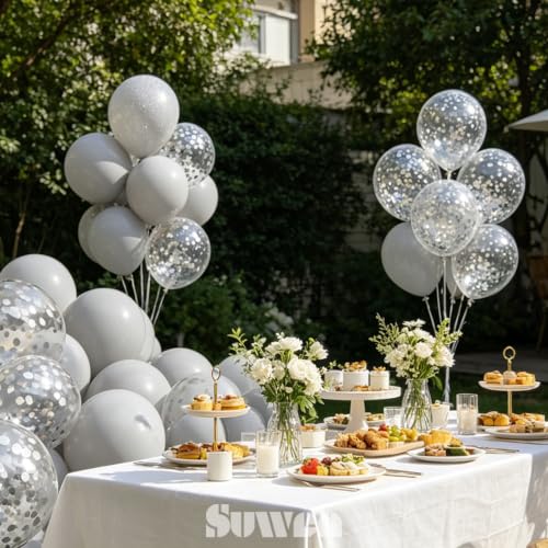 Image of SUWEN 47PCS Gray Latex Balloons and Grey Confetti Balloons Set | Helium Matte Balloon for Birthday Anniversary Wedding Party Decorations