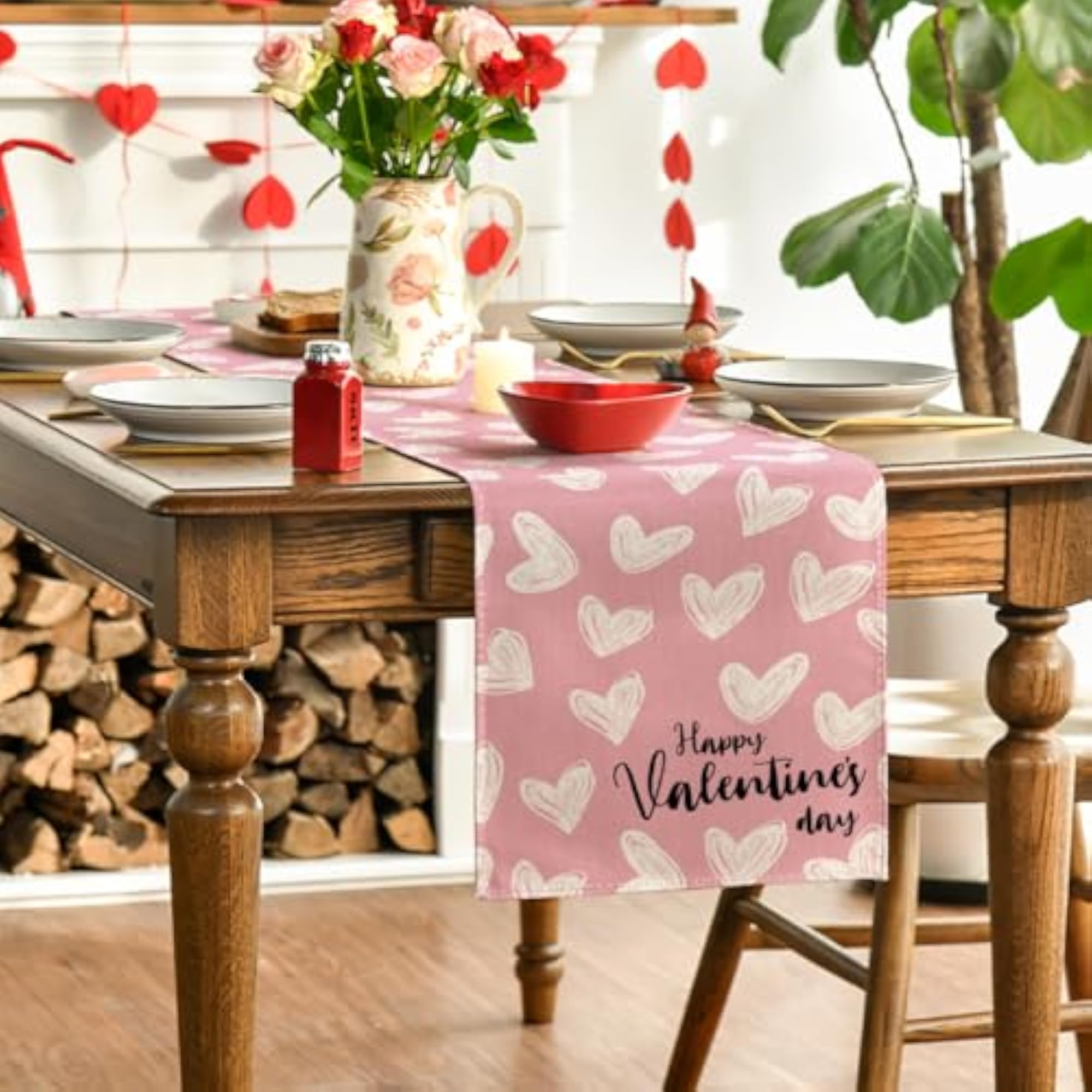 Pink Love Heart Valentine's Table Runner, 210 GSM