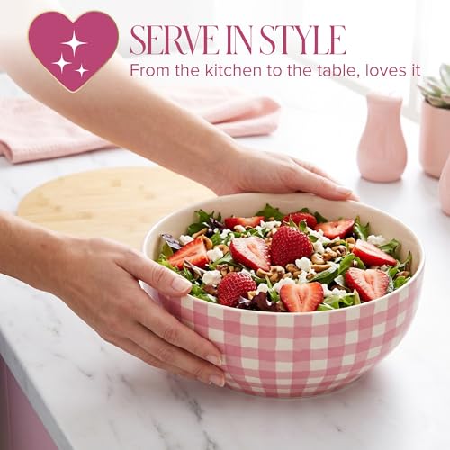 Image of Paris Hilton Serving Bowl with Bamboo Lid, Stoneware Salad Bowl with Pink Gingham Print Exterior, Lid Doubles as Cutting Board, 10-Cup, Pink