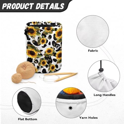 Image of Sellikakes Yarn Bag Crochet Bag Organizer, Sunflower Cow Print Portable Knitting Yarn Storage Organizer for Chrocheting Project, Store Skein Ball, Short Knitting Needle