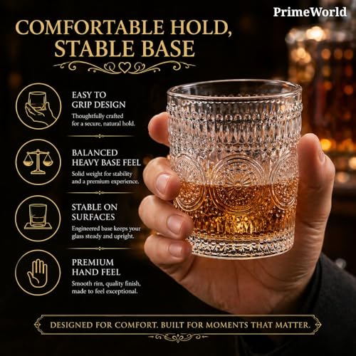 Image of PrimeWorld Embossed Romantic European Crystal Whiskey Glasses Set of 6 pcs- 300 ml Bar Glass for Drinking Bourbon, Whisky, Scotch, Cocktails, Cognac- Old Fashioned Cocktail Tumblers
