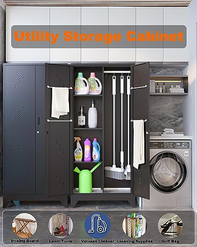 Image of Metal Storage Cabinet with Lock, 71 inch Garage Storage Cabinets with Hanging Rod & S-Hooks, Large Storage Cabinet, Locking Tool Utility Closet, Black