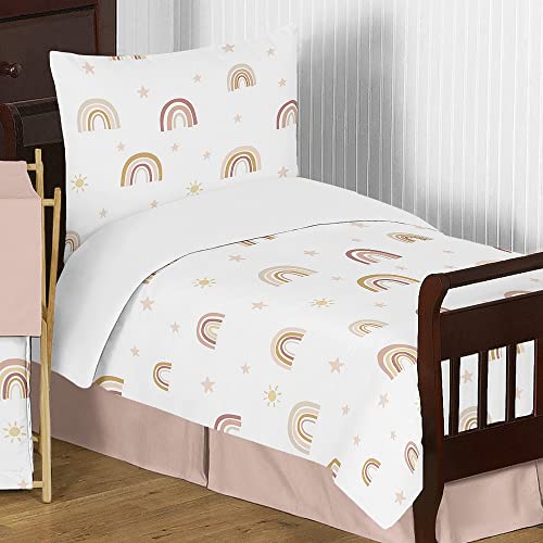 Image of Sweet Jojo Designs Boho Rainbow Girl Toddler Kid Bedding Set - Childrens 5pc Comforter Sham Sheets - Blush Pink Dusty Rose Gold Yellow Mauve Taupe Beige Tan Bohemian Stars Sun Celestial Vintage Sky