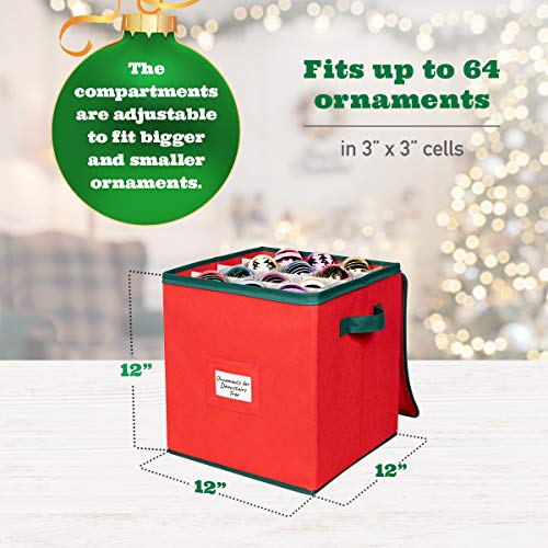 Holdn’ Storage Christmas Ornament Storage Box - Christmas Decor Storage Containers That Store Up To 64 – 3” X 3” Holiday Xmas Ornaments – Adjustable Compartment To Fit Many Sizes Ornaments – Red/ Green Trim. #TOP7