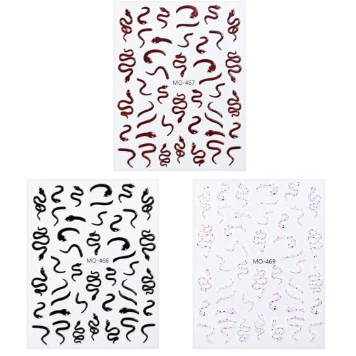 3 Sheets Black Snake Nails Art Stickers with Snake Designs Adhesive Nails Decals Manicure Nails Decoration for Women