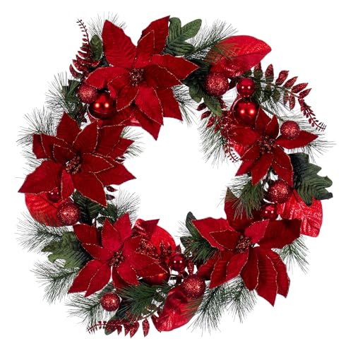Vickerman 28" Merry Red Poinsettia, Ball, and Fern Decorated Wreath.