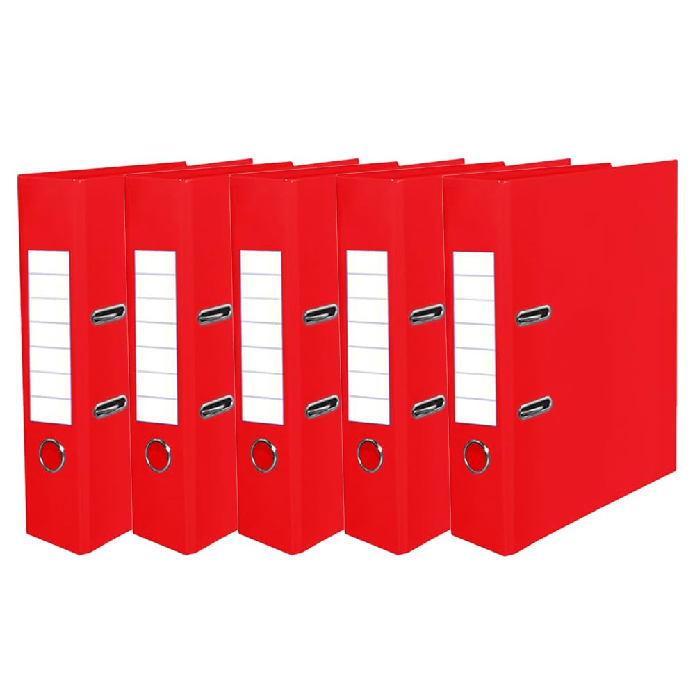 A4 Lever Arch File Document Organiser Finger Pull Ring 75mm Spine Stationery File Folders Paper Document Storage File Cardboard Document Holder for School Work Office Home (Red, Pack of 5)