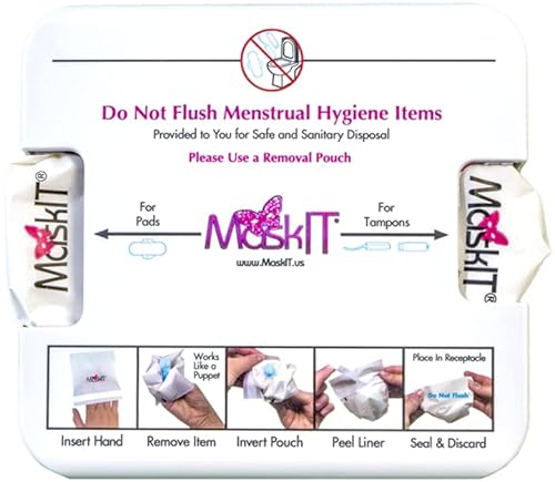 MaskIT Single Stall Kit - White Wall Mounted Dispenser - 50 Premium Plant-Based Tampon Disposal Bags, 50 Premium Plant-Based Sanitary Napkin Disposal Bags, Removable Educational Signage