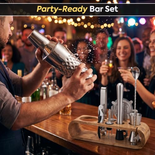 Image of O' Holic by Perch Cocktail Shaker Gift Set|10-Piece Stainless Steel Bartender Kit with Mango Wooden Stand|Accessories for Home Bar|Gift Box for Winters, Birthday, Wedding,Anniversary,Christmas |Silver