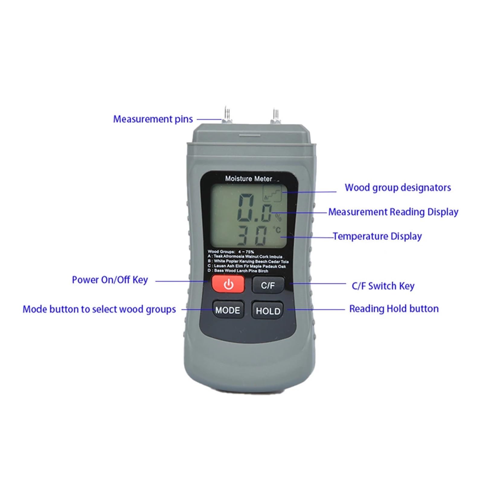 Rilevatore Di Umidità Del Legname Sensore A Due Pin Display LCD Digitale Grandi Dimensioni For Bambù/carta/cartone/parete Semplice da usare