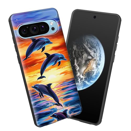 smauncucn for Pixel 9/Pixel 9 Pro Case,Soft TPU Slim Fashion Anti-Fingerprint Non-Slip Protective Phone Case Cover for Google Pixel 9/ Pixel 9 Pro 2024,Dolphin Jumping Ocean Sunset Beach