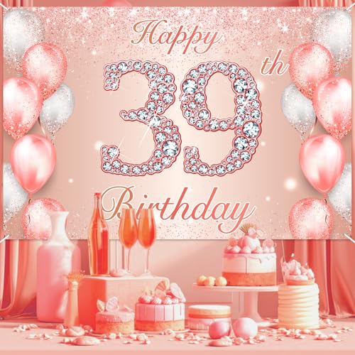 Image of Happy 39th Birthday Rose Gold Banner Cheers to 39 Years Old Backdrop Confetti Balloons Theme Decor for Women 39 Years Old Pink Birthday Party Decorations Bday Supplies Background Favors Gift Glitter