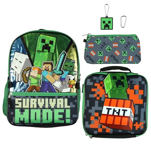 Mochila Minecraft Survival Mode 40,6 cm, conjunto de 5 peças, lancheira infantil