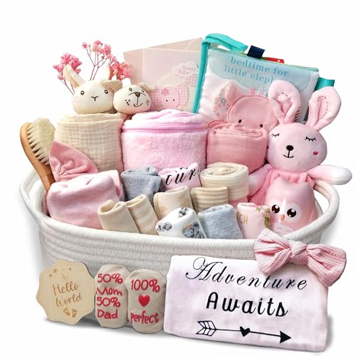 Image of 27-Piece Baby Girl Shower Gift Basket Set - Newborn Essentials, Large Pink Gift Basket With Rattle, Swaddle, Diaper Caddy Organizer