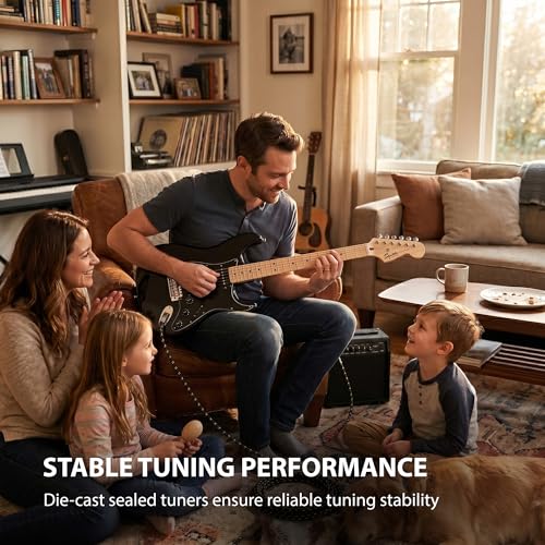 Image of Fender Squier Sonic Stratocaster HSS - Black Bundle with Mustang Micro Headphone Amplifier, Instrument Cable, Tuner, Strap, Picks, and Austin Bazaar Instructional DVD