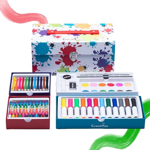 CREATIVON Juego artístico de 54 piezas – Kit completo para dibujo y actividades creativas con acuarelas, rotuladores, lápices y lápices de colores en maletín