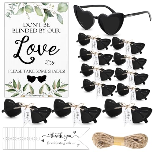 50 Sets Wedding Favors for Guests Sunglasses Wedding Party Gifts Wooden Love Sign Black Heart Glasses Mr & Mrs Sunglasses with Thank You Cards and Hemp Rope