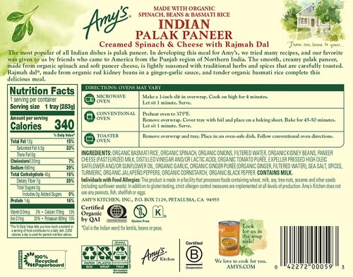 Miniatura 3 de Amy's Comidas congeladas, Paneer indio sin gluten, hecho con arroz basmati, queso, espinacas y frijoles orgánicos, 10 onzas.