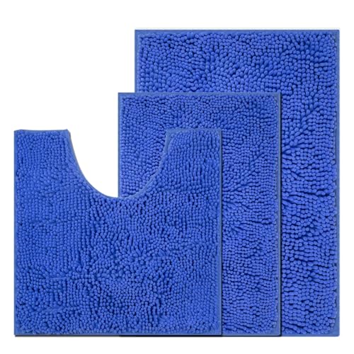 COMPOLICY PLACEROOM Bathroom Mat Set of 3, Bath and Toilet Mat Set,Ultra Soft Chenille Bath Mat Non Slip,Bath Mat Sets 3 Piece Washable,Super-Absorbent Bath(Denim Blue bath set)