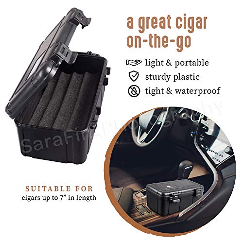 Mantello Portable Travel Cigar Humidor Case - Gift Set for Men - Fits 10 Cigars with 2 Ring Cigar Cutter, 1 V-Cut Cutter and 1 Cigar Punch - Portable, Airtight Seal, Crush-Proof - 8.80\"x 5.18\" Black