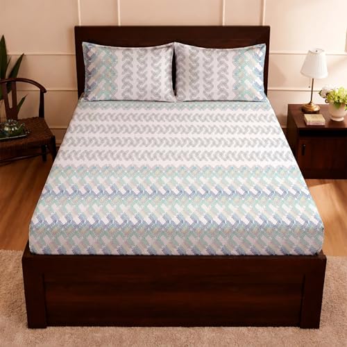 Raymond Bedsheet 100% Cotton Feel Bedsheets 200 TC for Double Bed King Size (108 x108 Inch) with 2 Large Size Pillow Covers | Soft and Breathable | Wrinkle-Free | Premium Printed Design Blue Leaf