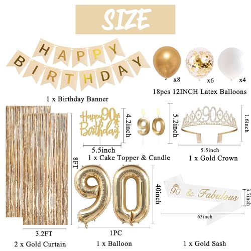 Image of Trgowaul 90th Birthday Decorations for Women, Banner, Sash and Crown, Cake Topper, 90 Number Balloon, Fringe Curtains, Champagne Gold 90th Birthday Party Supplies