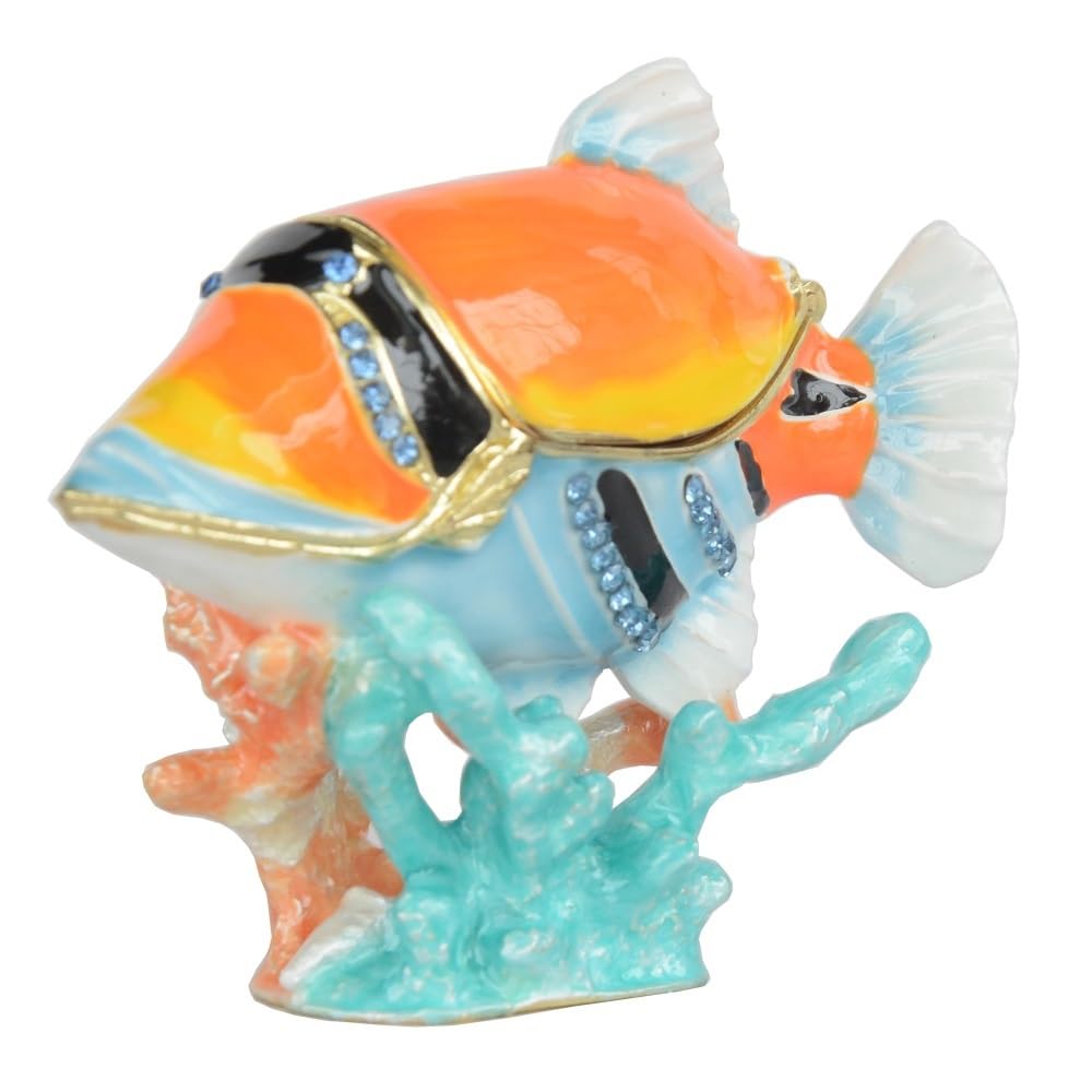 YOPI Bejeweled Enameled Triggerfish Trinket Box – Nautical Fish Jewelry Box for Rings, Earrings & Small Accessories, Metal Treasure Chest Home Decor