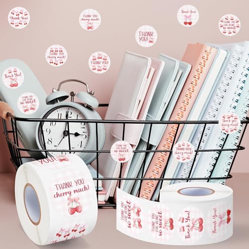 Image of Thank You Sticker Roll - 1000 Pcs Coquette Pink Bow Cherry Waterproof Vinyl Reusable Laptop Sticker DIY Book Scrapbook Water Bottle Page Activity Pad Party Favors Skateboard Gift Wrapping