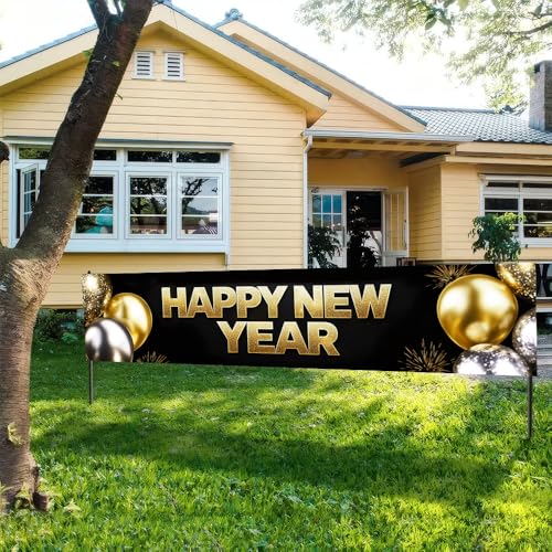 Image of Happy New Year Banner 78.7 x 17.7 Inch Gold and Silver Balloons Sparkling Confetti Design for Holiday Party Decoration Indoor Outdoor Wall Fence or Stage Background Celebration Display