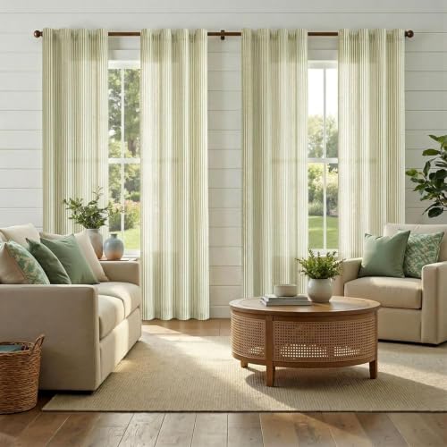 jinchan Linen Curtains 84 Inch Sage Green Stripe on Beige Back Tab 4 Panels