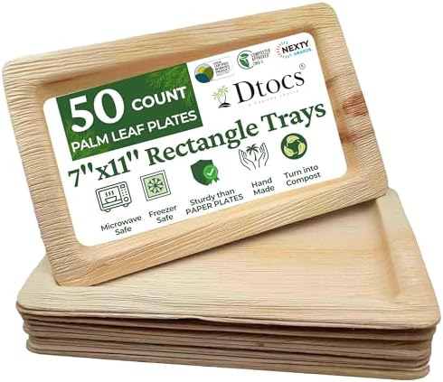 Dtocs Rectangular Disposable Plates 7x11 Inch (50 Pack) | Palm Leaf Platters with Bamboo Look | Rectangle Trays for Dinner, Appetizer, Charcuterie Boards | Alt to Plastic, Wood & Paper Plates