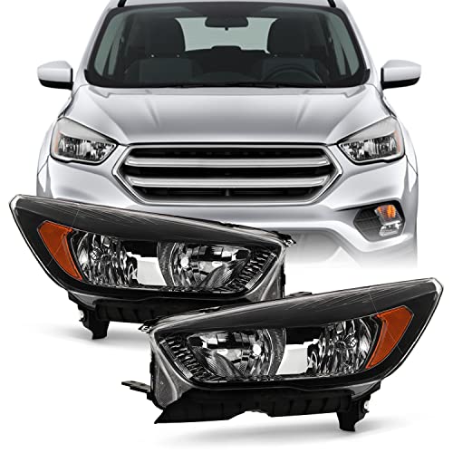 AKKON - Fits 2017 2018 2019 Ford Escape [Halogen Type] Black Headlights Pair Driver+Passenger w/o LED DRL Running Signal Lamp